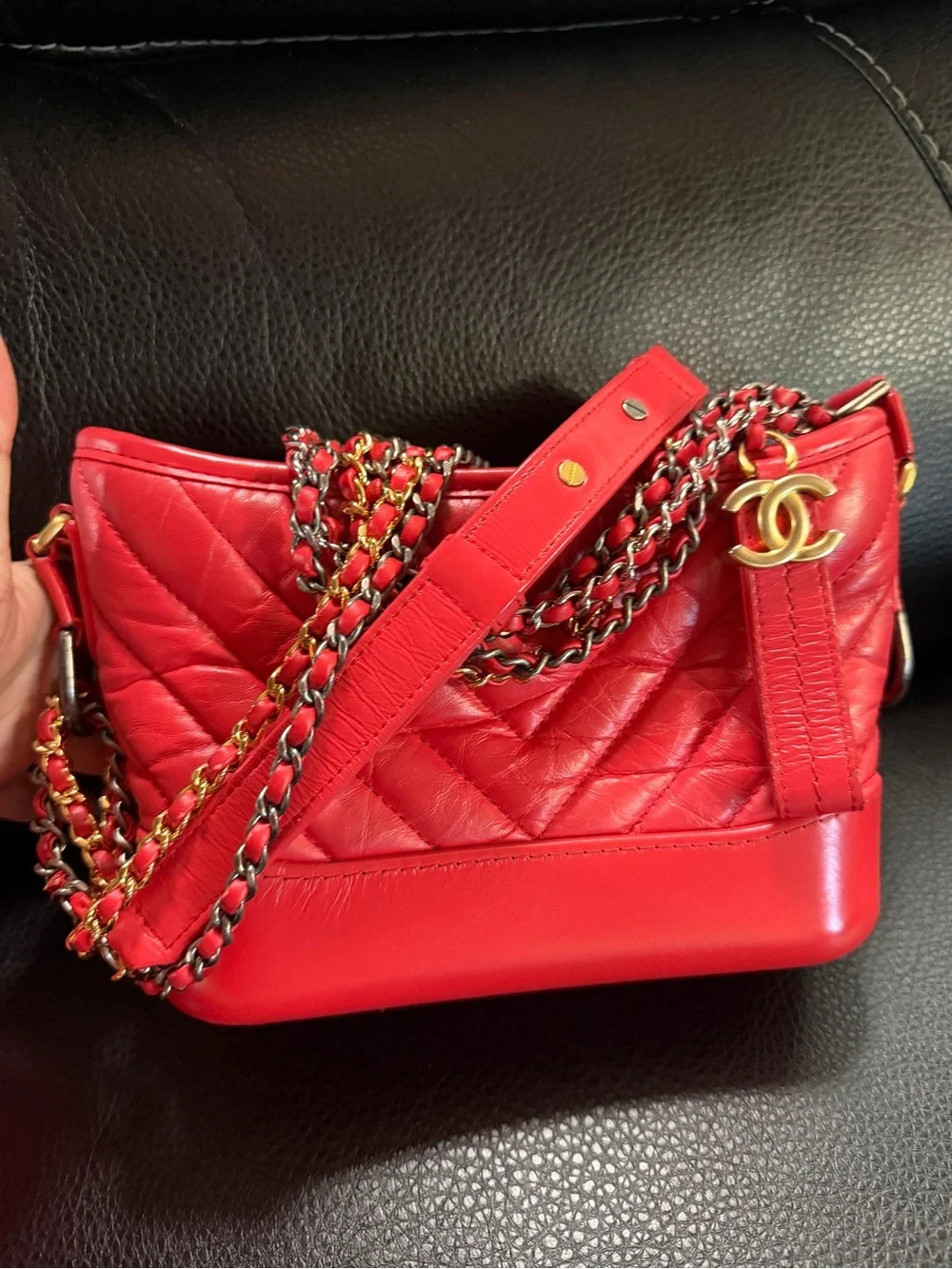 CHANEL Red Quilted Shoulder Bag with Gold CC Charm
